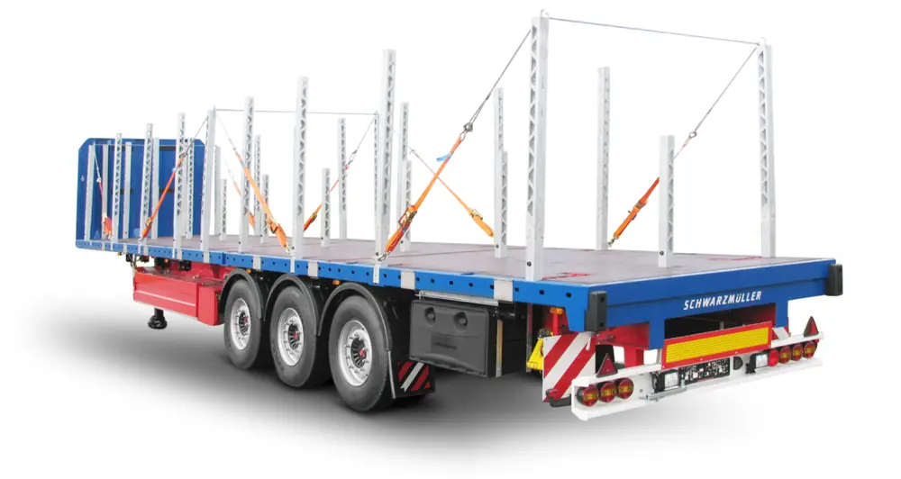 Schwarzmüller 3-axle platform semitrailer for construction steel mats - transport
